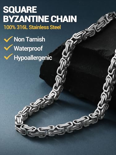 PROSTEEL 4MM/6MM/8MM Stainless Steel Necklace for Men, Stylish and Cool, Byzantine Chain Black Gold Silver Tone, 18-30 Inches, Come with Box4