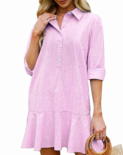 Image of YEXPINE Women's Tunic Mini Shirt Dress Cotton Linen Long Sleeve Button Up Ruffle Hem Loose Casual Summer Pockets Shift Dress