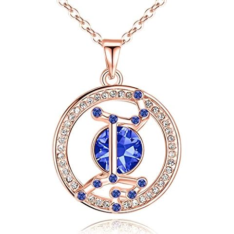 Leafael "Superstar Zodiac Constellation Pendant Necklace Made with Premium Crystal August September Birthstone Sapphire Blue Horoscope Jewelry, Virgo, 14k Rose Gold Plated, 18"+2" Cover