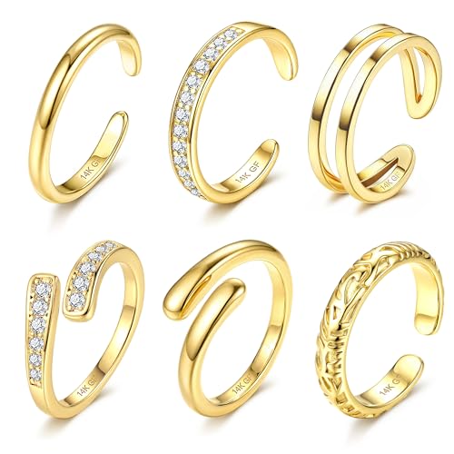 6PCS Toe Rings for Women 14K Gold Filled Toe Ring Non Tarnish Silver Adjustable Simple Open Band Hug CZ Chunky Flower Toe Rings Set Trendy Summer Beach Foot Jewelry for Women(Gold: cz toe ring)