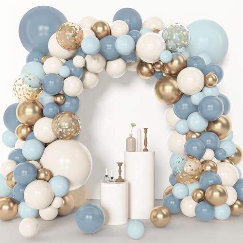 Amandir 153pcs Dusty Blue Balloon Garland Arch Kit, Different Sizes 18 12 10 5 inch Blue White Sand Latex Metallic Confetti Gold Balloons for Boys Birthday Boho Baby Shower Party Decoration Supplies - Image 6
