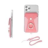 YUNCE Cell Phone Card Holder,Card Holder for Back of Cell Phone with Ring Grip Stand,Adhesive Stick-on Credit Card Wallet Pocket with Detachable Neck Strap Pink
