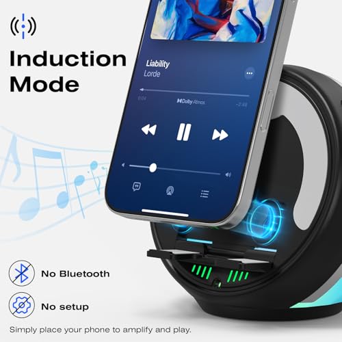 Image of Wireless Induction Speaker with Phone Stand, RGB Bluetooth Desk Speaker | No Bluetooth Pairing, Instant Sound Boost, Great for calls, podcasts, and videos, Unique Gift for Men, Dad, Mom, Office