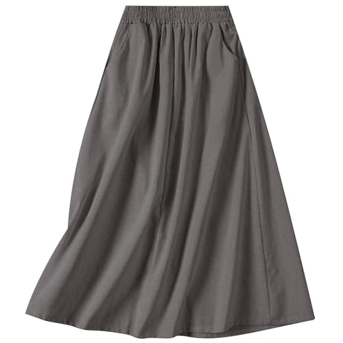 SANGTREE Women Cotton Linen Midi Boho Skirts,Dark Grey,Small