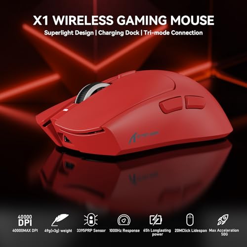 Image of ATTACK SHARK X1 Wireless Gaming Mouse with RGB Charging Dock, PAW3395 PRO Sensor Up to 40K DPI,53g Ultra Light Tri-Mode Computer Mice,1KHz Polling Rate 5 Programmable Buttons for WIN /MAC-Red
