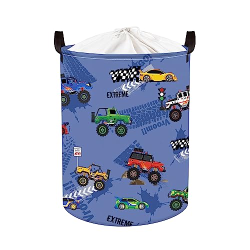 Clastyle 45L Monster Truck Kid Laundry Hamper Sport Racing Car Laundry Basket with Handles Drawstring Round Blue Vehicles Toy Clothes Storage Basket for Boys Room