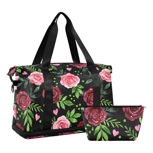 Bohemian Vintage Red Rose 2 Pcs Set Travel Duffel Bags Weekend Bag with Toiletry Bag for Hiking