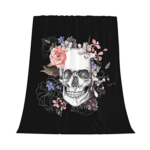 Floral Pink Sugar Flower Skull Flannel Blanket Print Soft Comfortable Throw Blanket For Bed,Sofa,Office,Camping And Travel Warm&Lightweight Plush Blanket Gift For Halloween Christmas 60"*90" #TOP6
