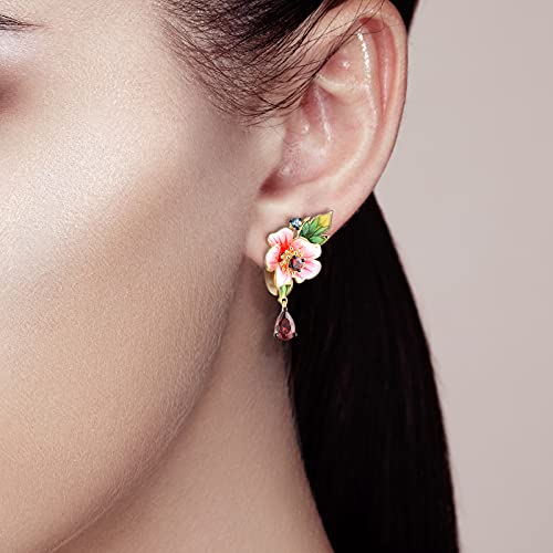 Santuzza Peony Pink Flower Earrings 925 Sterling Silver Garnet Enamel Leaf Floral Dangle Earrings For Women #TOP4