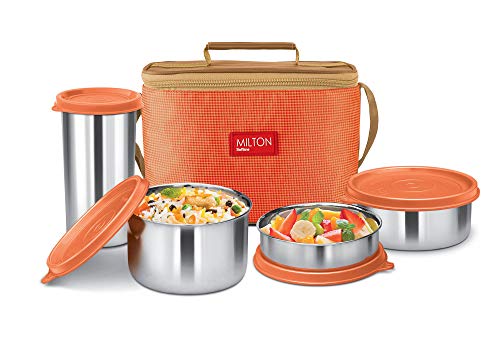 Image of MILTON Delicious Combo Stainless Steel Insulated Tiffin, Set of 4, (3 Container, 1 Tumbler) Orange & Milton Super 1000 Stainless Steel Water Bottle, 1000 ml, Silver