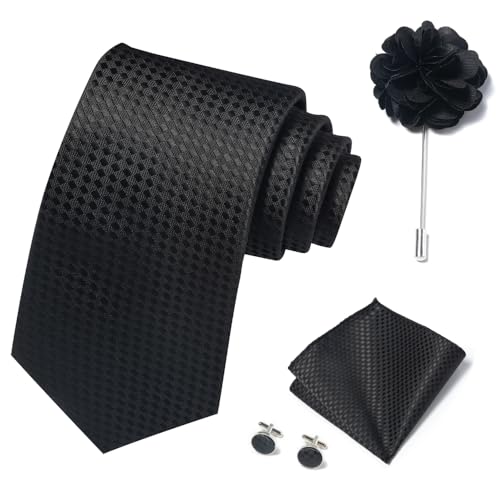 Image of Solid Color Ties Set Men Handkerchief Cufflinks Brooch 3.15 inches Classic Formal Necktie Pocket Square Set