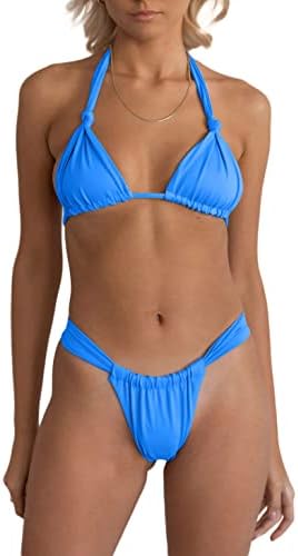 geluboao Blue Bikini Set Bandage Solid Brazilian Swimwear Two Pieces Swimsuit Padded Thong Bathing Suits M