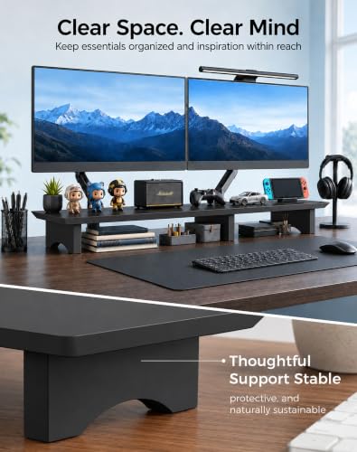 Image of Aothia 43 in Black Solid Wood Dual Monitor Stand, Monitor Riser for Desk | Dual Monitor Riser With Storage Below; Desk Shelf Organizer For Keyboards And Accessories
