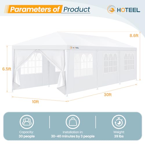 Image of HOTEEL 10'x30' Party Tent with Removable Sidewalls, Large Canopy Tent for Weddings, BBQ, Parties, Patio Camping Gazebo, Waterproof, White