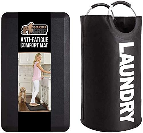 Gorilla Grip Anti Fatigue Mat and Laundry Basket, Both in Black Color, Anti Fatigue Mat is Size 70x24, Laundry Basket is Size 15 L x 28 H, Collapsible Foldable Fabric Bag, 2 Item Bundle