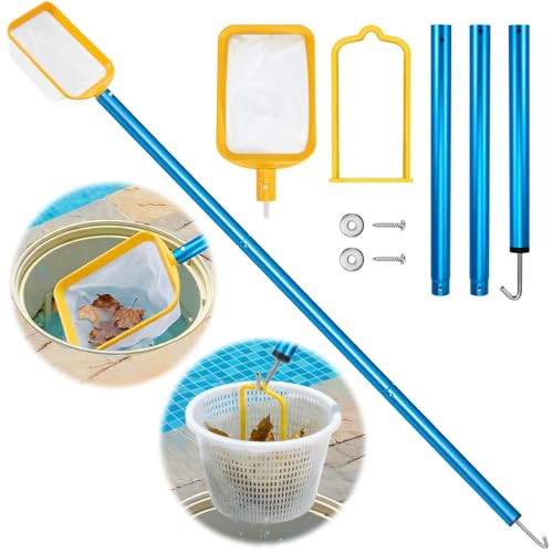 ComfyKit 50in 2-in-1 Pool Skimmer Tool with Stainless Steel Hook and Detachable Fine Mesh Net, Includes Skimmer Basket Handle, for Above Ground and Inground Pools