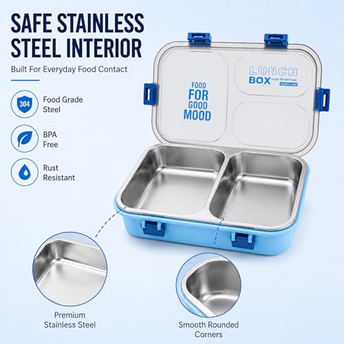 Image of Stainless Steel Lunch Box with 3 Compartments Leak Proof Airtight Lid BPA Free Food Storage Container Durable Portable Bento Tiffin for Kids, School Picnic (2 Compartment Blue)