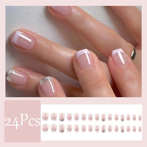 24Pcs Pink French Tip Press on Nails Short Square Fake Nails Silver Glitter Design Glossy False Nails Glossy Pink Nails Nude Acrylic Full Cover Glue on False Nails Cute Artificial Nails for Women - Thumbnail 2