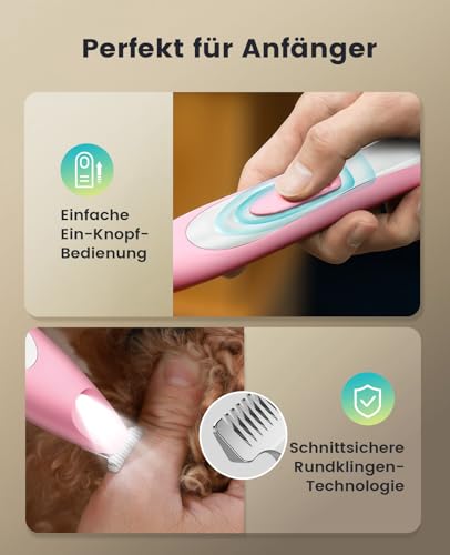 oneisall Pfotentrimmer für Hunde mit LED-Licht, Leiser Hundepfoten Trimmer Paw Trim Pro dr Pfoten, Wiederaufladbar Schermaschine Hund Hundeschermaschine für Pfoten, Augen, Ohren, Gesicht (Rosa)