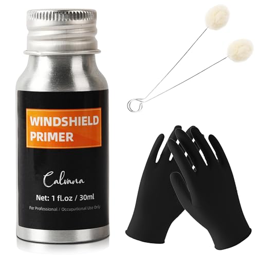 Calvana 1 fl.oz Windshield Primer, Urethane Primer for Automotive, Promotes Adhesion of Polyurethane Sealants, UV Resistant, Fast Drying, with 1 Pair Gloves, 2 Applicator Sticks, Black
