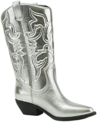 Soda Women's Reno Western Cowboy High Pull On Tabs Boots,Silver Metallic Pu 7.5 | Image 4