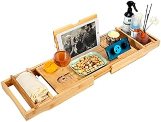 Vinsani Luxury Bamboo Bathtub Caddy Extendable Bath Tray Eco-Friendly Adjustable Bathroom Organiser Table Features Book Tablet Wine Glass Phone Candle Holder Compact and Fits Most Bathtub Sizes