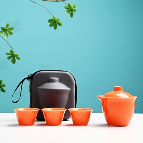 Image of Liang baobao Gaiwan with 3 Cups Travel Tea Set Organizer Porcelain Teacups Chinese Tea Cups Portable Tea Set Camping Outdoor (Orange)