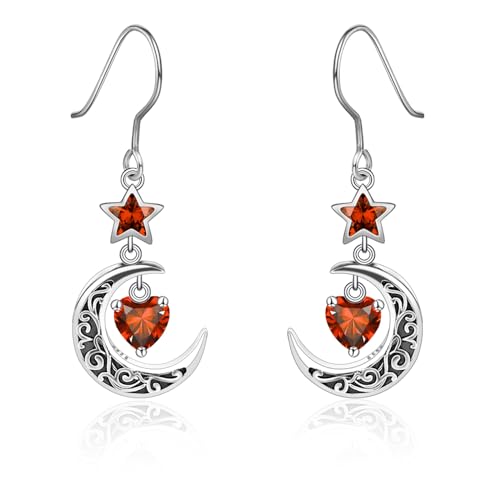 Qings Pendientes Luna con Enero Granate Colgantes Plata de Ley 925 Pendientes Celta Estrella Corazón Circonita con Piedra de Nacimiento para Mujeres