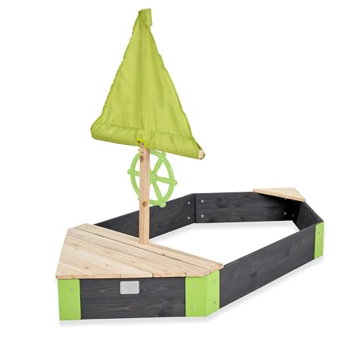 EXIT Toys Aksent Bateau Bac à Sable en Bois - avec Mât, Voile et Volant Tournant - avec Rangement - Coins Métalliques Robustes - pour Enfants - pour...