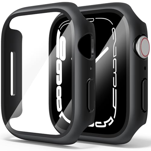 Amzpas 【2 PEZZI Cover per Apple Watch 9/8/7 45mm con Vetro Temperato, Custodia Rigida iWatch Protezione Sottile HD Clear Pellicola Protettiva (Nero*2)