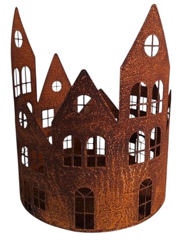Edelrost Windlicht Häuser, Kerzenhalter Deko, 3D Metalldesign, Vintage Rostoptik, XXL