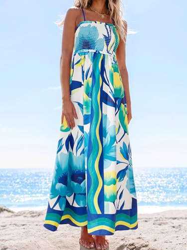 Image of CUPSHE Women's Floral Maxi Dress Spaghetti Strap Summer Boho Beach Dress Smocked Sundress Casual Vacation Flowy Long Dress