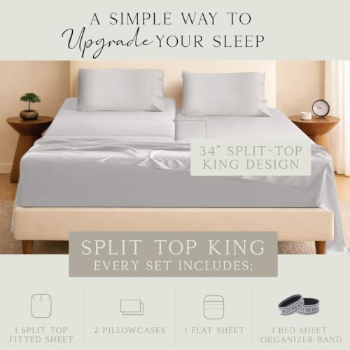 Image of KARISSA MAE Bamboo Viscose 34 inch Split Top King Size Sheet Set, FSC Certified | Single 34 inch Split Fitted Sheet | Sleep Number & Adjustable Bed | Cooling | 18 inch Deep Pocket w / Corner Straps [Cream]