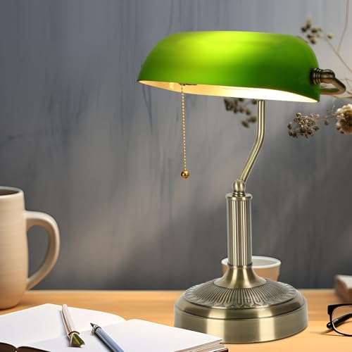 NISSAFORS Bankers Desk Lamp, Green Glass Shade, Vintage Desk Lamp