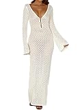 Women Crochet Cover up Sexy Deep V Neck Long Sleeve Knit Maxi Dress Backless Hollow out Swimsuit Bikini Cover Ups for Beach Vacation (A-Apricot, M)