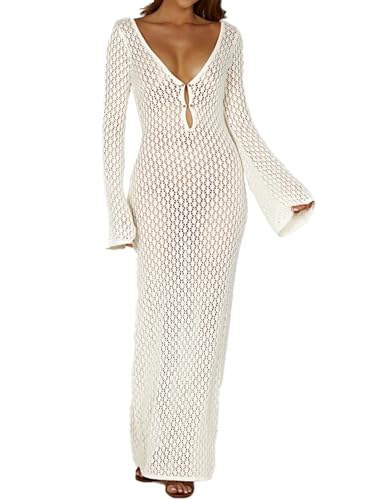 Image of Women Crochet Cover up Sexy Deep V Neck Long Sleeve Knit Maxi Dress Backless Hollow out Swimsuit Bikini Cover Ups for Beach Vacation (A-Apricot, S)