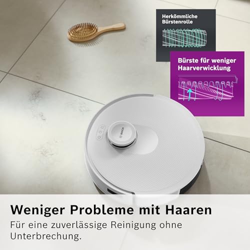 Bosch Spotless + BCRD1W Saugroboter mit Wischfunktion, 11.000 Pa Saugkraft, Wischpad, Trocken-Servicestation, Smart Vision Navigation mit Infrarot-Licht, Steuerung per App, weiß