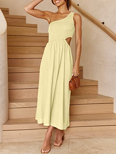 Anrabess Women's Summer Boho One Shoulder Cutout Dress Sleeveless Smocked Sundress Flowy A-Line Beach Long Dresses 539Xingse-L Beige #TOP2
