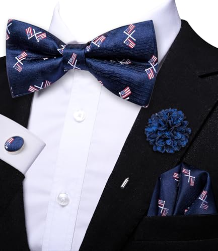 Image of Hi-Tie Bow Ties for Men Pre-Tied Pocket Square with Cufflinks Mens Bowtie Sets for Wedding Formal Party