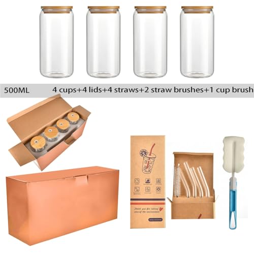 17OZ Glass Cups with Bamboo Lids and Glass Straw, Reusable Can Shaped Drinking Glasses with Lids and Straws & Brush,Wide Mouth Mason Jar Glass Cups for Smoothies, Tea, Cola, Juice, Soda (4 Pack) - Image 4