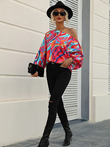 GORGLITTER Women's Colorful Off Shoulder Work Blouse Top Long Sleeve 70s Asymmetrical Neck Business Casual Shirts3