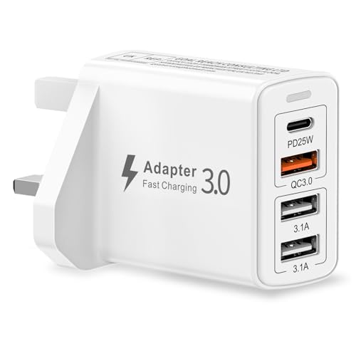 USB Charger Plug UK, 40W 4-Port Fast Charger, PD&QC3.0 Adapter
