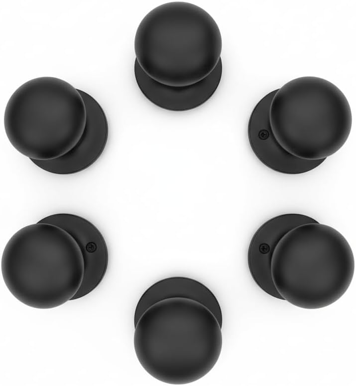 Black Passage Door Knobs Without Lock, Round Ball Door Handles for Hallway Closet Pantry, Matte Black Interior Door Knob Set, Easy Install, Non Locking, Pack of 6