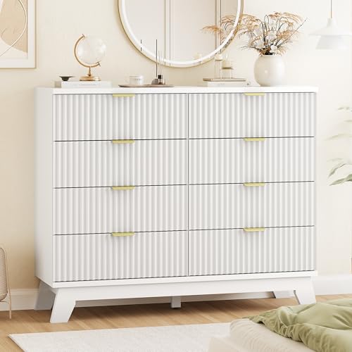Image of Fluted Dresser for Bedroom with 8 Drawers, 48 inch Wide Modern Chest of Drawers with Metal Handle, Wooden Dresser TV Stand, Wood Closet Clothes Storage Drawer Organizer for Living Room, Hallway, White