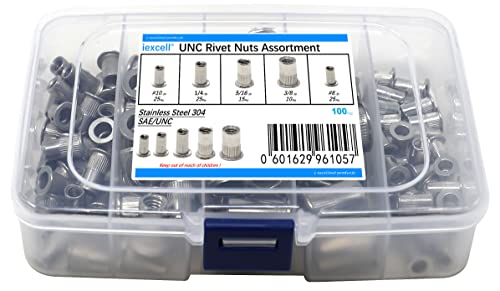 iExcell 100 Stück (#8-32 x 30 Stück #10-24 x 30 Stück 1/4-20 x 25 Stück 5/16-18 x 10 Stück 3/8-16 x 5 Stück) Flachkopf UNC Nietmuttern Gewindeeinsatz Muttern Sortiment Edelstahl 304 Cover