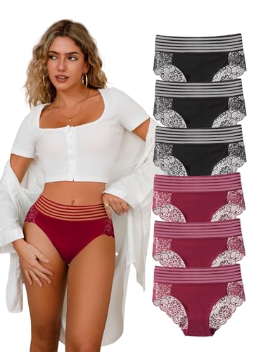 Image of Lace Sexy Undies for Women Stretch Full Coverage Control High Waist Cheeky Top Panties 6 Pack S-4XL
