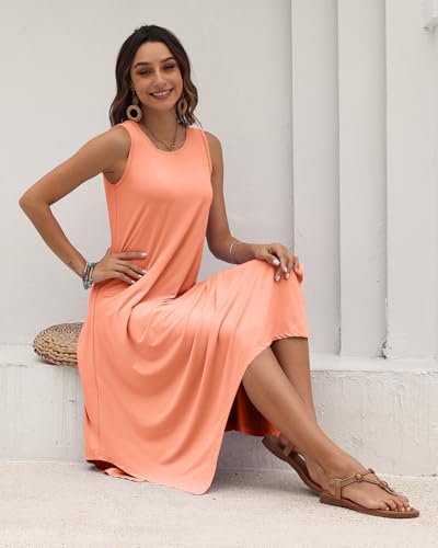Image of AUSELILY Women's Summer Dresses Casual Sleeveless Midi Tank Beach Dress | Women's Asymmetrical Hem Sundress with Side Pockets, Great for Beach, Vacation & Daily Wear