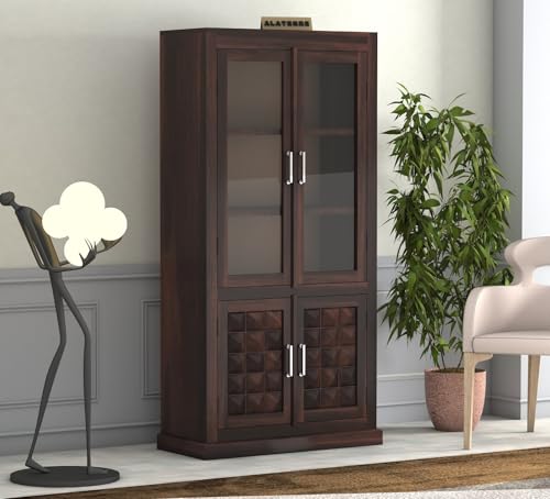 Image of Sheesham Wood Bookshelf with Glass Door for Home Library Solid Wood Bookcase Wooden Crockery Cabinet for Kitchen Book Shelf (Walnut Finish)