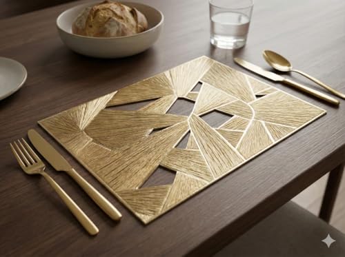 Image of Dining Table Mat and Runner Set for Home Kitchen Reusable Placemat Combo Set for Everyday Dining Use and Table Setup (geomatric Prism + Modern ractangle Runner, Pack of 7 (6+1))