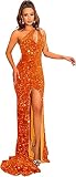 Sukleet Sequin One Shoulder Prom Dresses for Women Ball Gown Mermaid Prom Dress with Slit Formal Gowns Orange Size 8